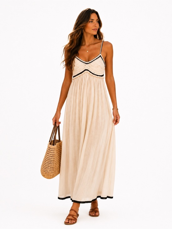 Zara Dresses & Skirts - Zara Crochet Bodice Boho Maxi Dress Cream Black Strappy S